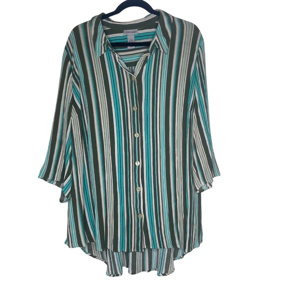 Catherines Button-Front Tunic Top Womens 2X 22/24W Striped Roll Tab Sleeves Ligh - Picture 1 of 8